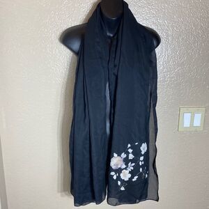 Mariella burani black sheer floral end lightweight scarf/swim cover sarong
